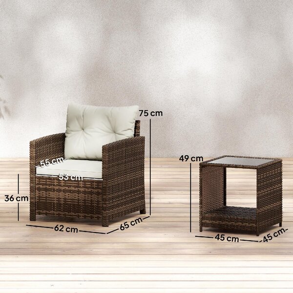 VivaGarden Salotto da Giardino con 2 Poltrone e Tavolino con Cuscini in Rattan PE/Acciaio colore Marrone/Crema