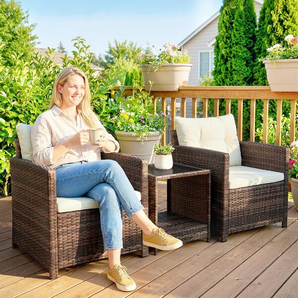 VivaGarden Salotto da Giardino con 2 Poltrone e Tavolino con Cuscini in Rattan PE/Acciaio colore Marrone/Crema