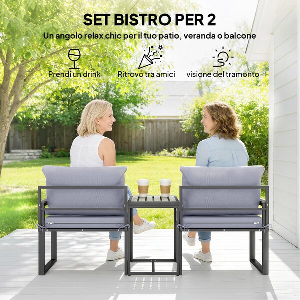 VivaGarden Salotto da Giardino con 2 Sedie e Tavolino con Cuscini in Acciaio/Textilene colore Grigio