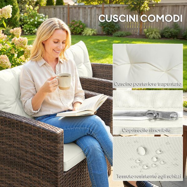 VivaGarden Salotto da Giardino con 2 Poltrone e Tavolino con Cuscini in Rattan PE/Acciaio colore Marrone/Crema