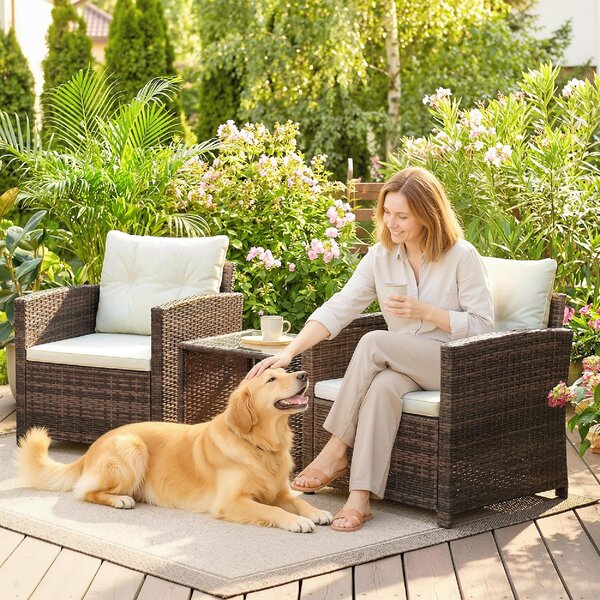 VivaGarden Salotto da Giardino con 2 Poltrone e Tavolino con Cuscini in Rattan PE/Acciaio colore Marrone/Crema