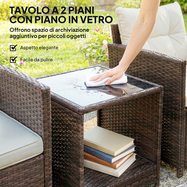 VivaGarden Salotto da Giardino con 2 Poltrone e Tavolino con Cuscini in Rattan PE/Acciaio colore Marrone/Crema