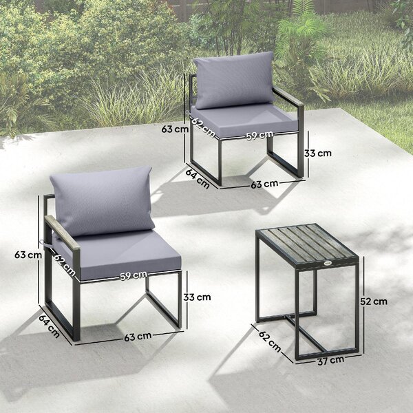VivaGarden Salotto da Giardino con 2 Sedie e Tavolino con Cuscini in Acciaio/Textilene colore Grigio