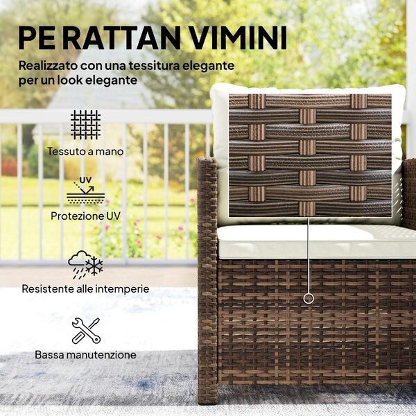 VivaGarden Salotto da Giardino con 2 Poltrone e Tavolino con Cuscini in Rattan PE/Acciaio colore Marrone/Crema