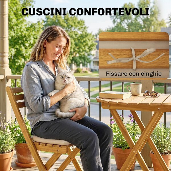 VivaGarden Salotto da Giardino con 2 Sedie e Tavolino con Cuscini in Legno di Acacia/Poliestere colore Legno/Beige