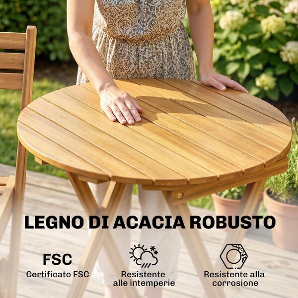 VivaGarden Salotto da Giardino con 2 Sedie e Tavolino con Cuscini in Legno di Acacia/Poliestere colore Legno/Beige