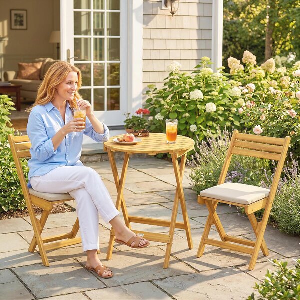 VivaGarden Salotto da Giardino con 2 Sedie e Tavolino con Cuscini in Legno di Acacia/Poliestere colore Legno/Beige