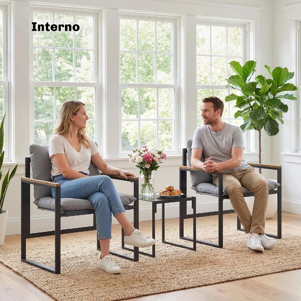 VivaGarden Salotto da Giardino con 2 Sedie e Tavolino con Cuscini in Metallo/Texteline Multicolore