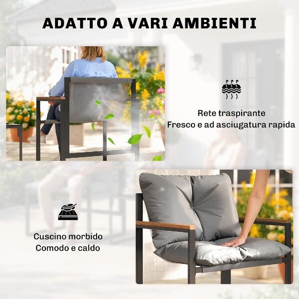 VivaGarden Salotto da Giardino con 2 Sedie e Tavolino con Cuscini in Metallo/Texteline Multicolore