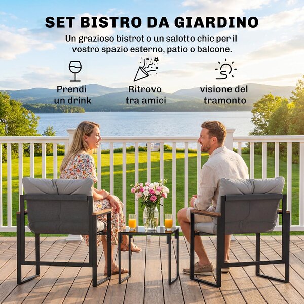 VivaGarden Salotto da Giardino con 2 Sedie e Tavolino con Cuscini in Metallo/Texteline Multicolore