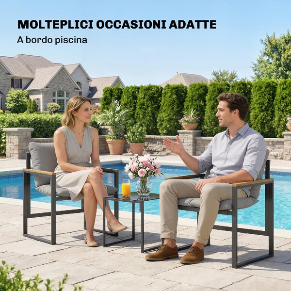 VivaGarden Salotto da Giardino con 2 Sedie e Tavolino con Cuscini in Metallo/Texteline Multicolore