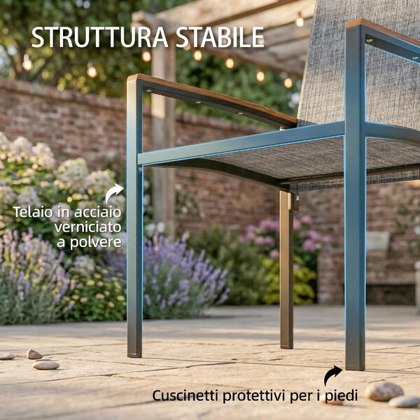 VivaGarden Salotto da Giardino con 2 Sedie e Tavolino in Acciaio/Texteline colore Grigio