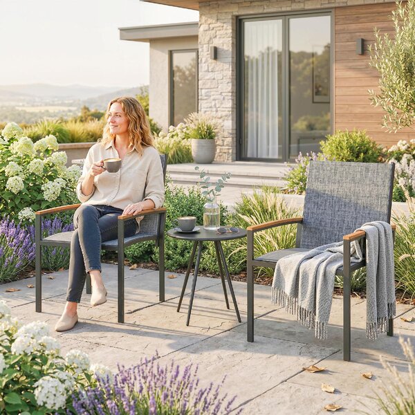 VivaGarden Salotto da Giardino con 2 Sedie e Tavolino in Acciaio/Texteline colore Grigio