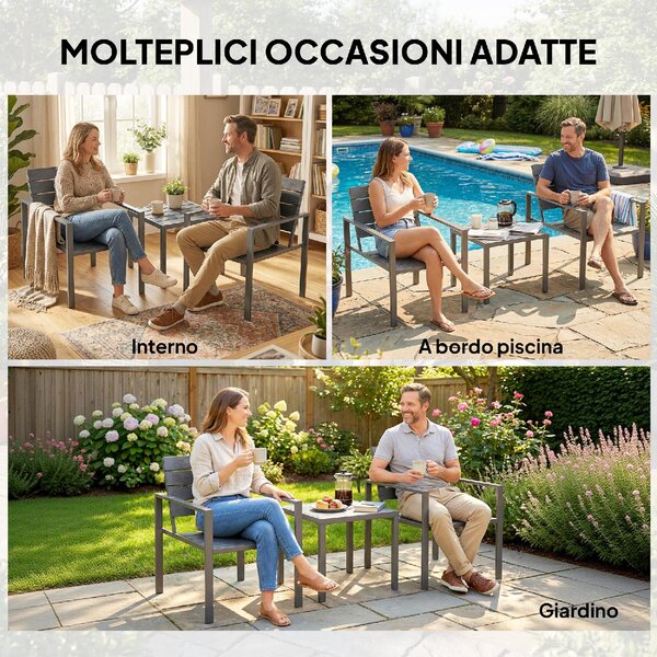 VivaGarden Salotto da Giardino con 2 Sedie e Tavolino in HDPE/Metallo colore Grigio Scuro