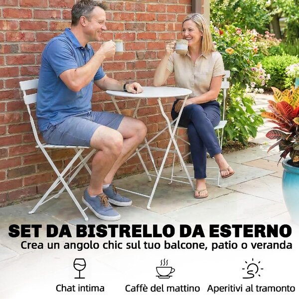 VivaGarden Salotto da Giardino con 2 Sedie e Tavolino in Metallo colore Bianco