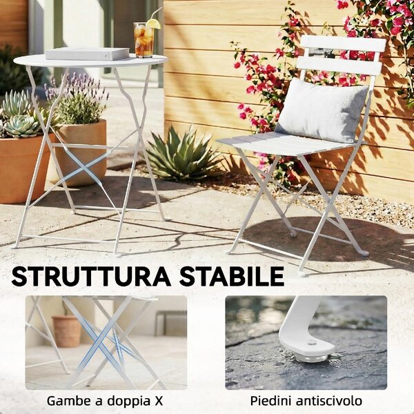 VivaGarden Salotto da Giardino con 2 Sedie e Tavolino in Metallo colore Bianco