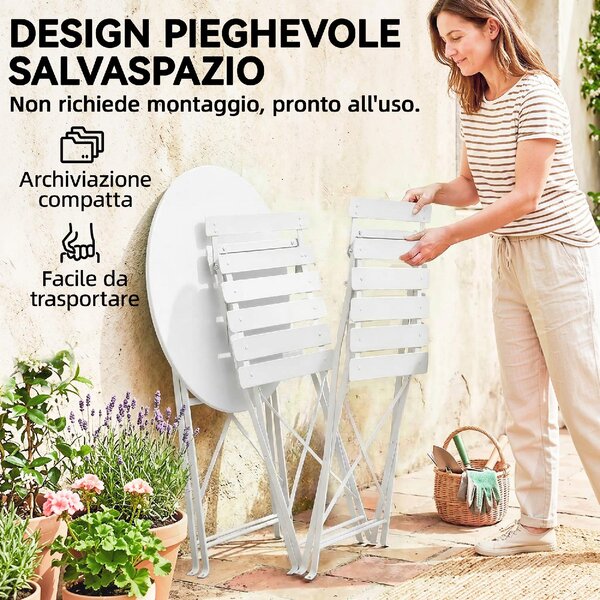 VivaGarden Salotto da Giardino con 2 Sedie e Tavolino in Metallo colore Bianco