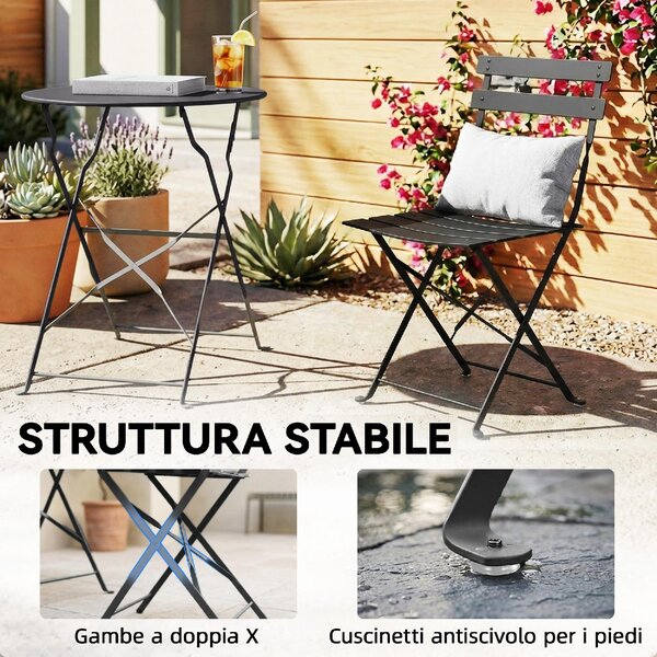 VivaGarden Salotto da Giardino con 2 Sedie e Tavolino in Metallo colore Nero