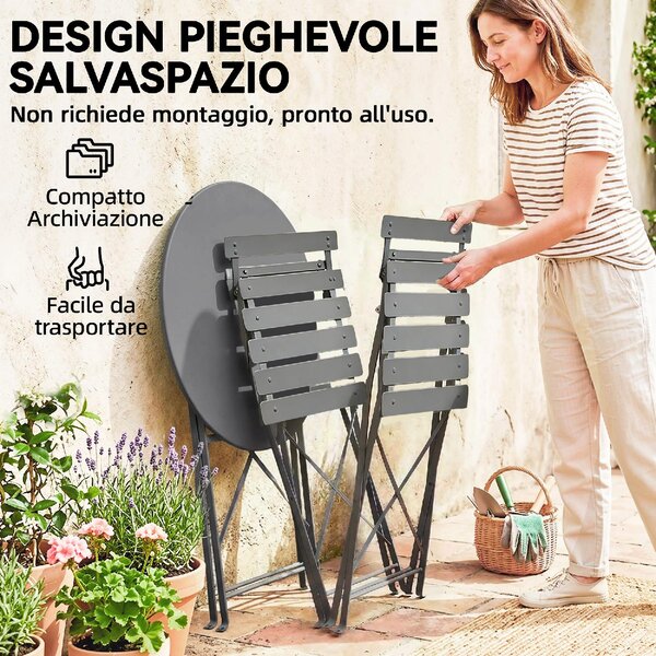 VivaGarden Salotto da Giardino con 2 Sedie e Tavolino in Metallo colore Nero