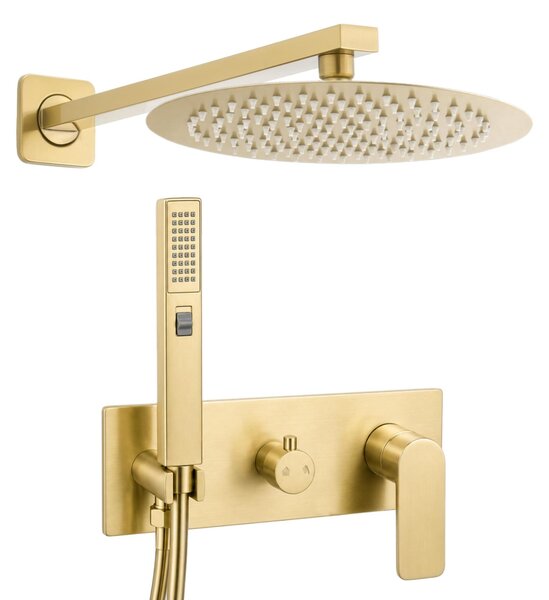 Miscelatore monocomando da parete per doccia, finitura oro spazzolato, con soffione, 25 cm