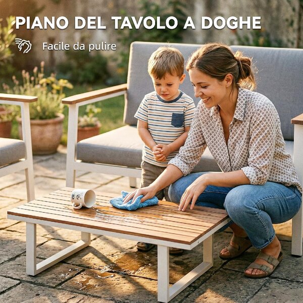 VivaGarden Salotto da Giardino con Divano 2 Posti 2 Poltrone e Tavolino con Cuscini in Legno di Acacia/Metallo colore Grigio