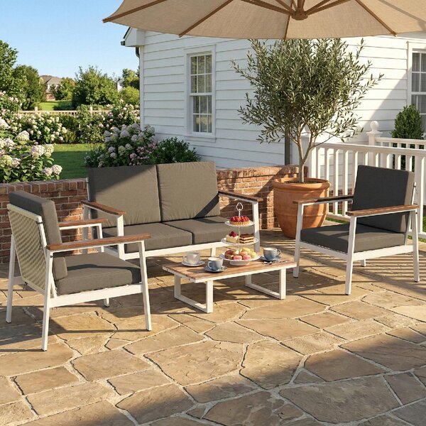VivaGarden Salotto da Giardino con Divano 2 Posti 2 Poltrone e Tavolino con Cuscini in Legno di Acacia/Metallo colore Grigio