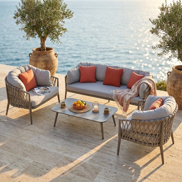 VivaGarden Salotto da Giardino con Divano 2 Posti 2 Poltrone e Tavolino con Cuscini in Alluminio colore Taupe - Rida