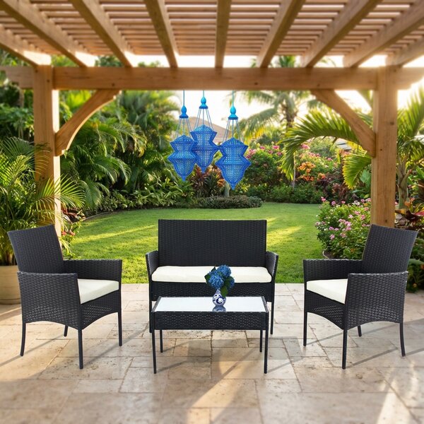 VivaGarden Salotto da Giardino con Divano 2 Posti 2 Poltrone e Tavolino con Cuscini in Acciaio e Wicker colore Nero