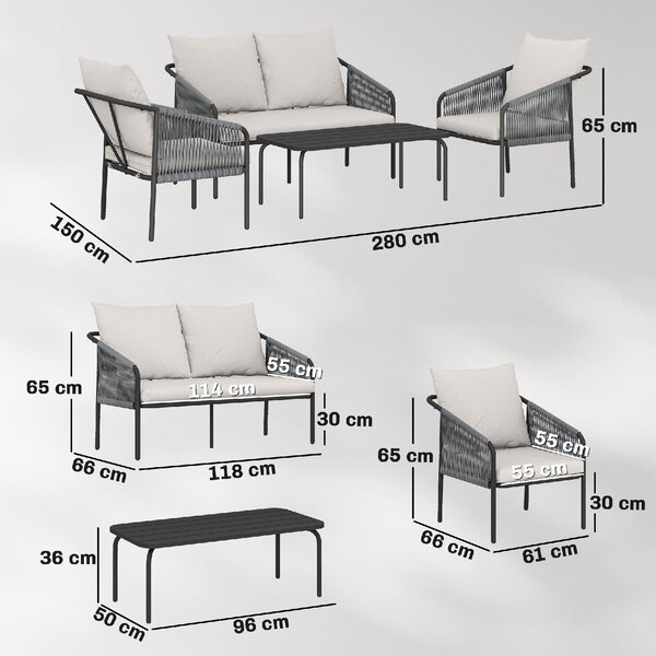 VivaGarden Salotto da Giardino con Divano 2 Posti 2 Poltrone e Tavolino con Cuscini in Rattan PE/Acciaio colore Cachi