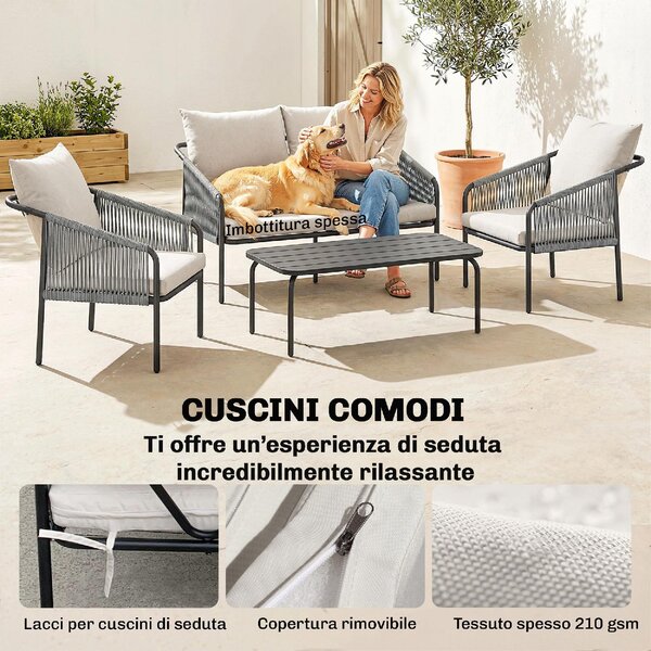 VivaGarden Salotto da Giardino con Divano 2 Posti 2 Poltrone e Tavolino con Cuscini in Rattan PE/Acciaio colore Cachi