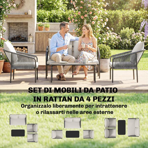 VivaGarden Salotto da Giardino con Divano 2 Posti 2 Poltrone e Tavolino con Cuscini in Rattan PE/Acciaio colore Cachi