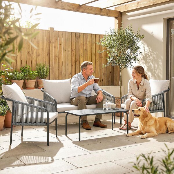 VivaGarden Salotto da Giardino con Divano 2 Posti 2 Poltrone e Tavolino con Cuscini in Rattan PE/Acciaio colore Cachi