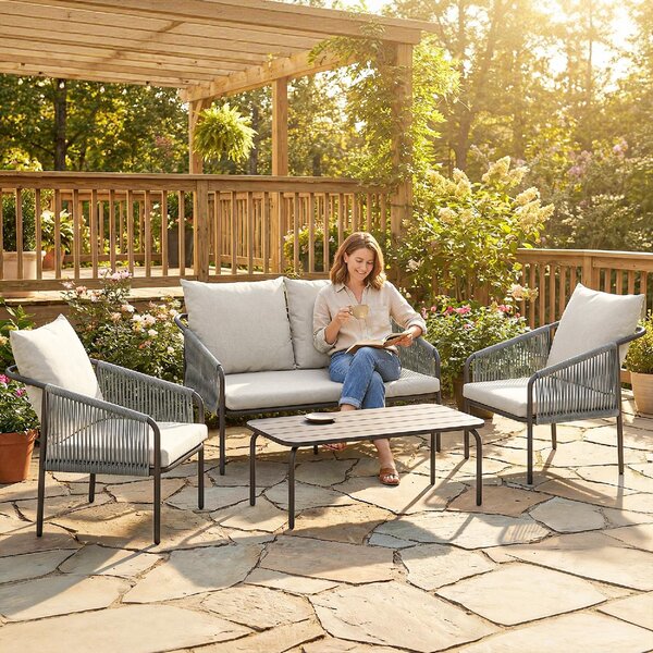 VivaGarden Salotto da Giardino con Divano 2 Posti 2 Poltrone e Tavolino con Cuscini in Rattan PE/Acciaio colore Cachi