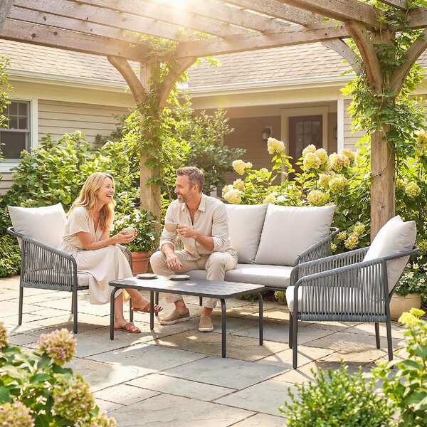 VivaGarden Salotto da Giardino con Divano 2 Posti 2 Poltrone e Tavolino con Cuscini in Rattan PE/Acciaio colore Cachi