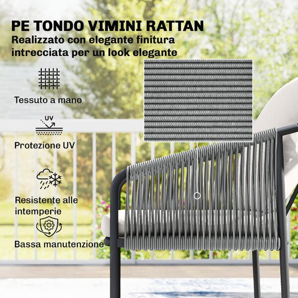VivaGarden Salotto da Giardino con Divano 2 Posti 2 Poltrone e Tavolino con Cuscini in Rattan PE/Acciaio colore Cachi