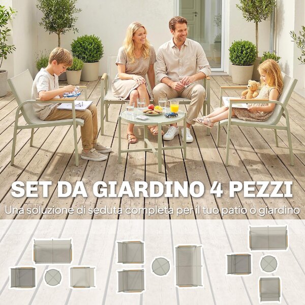 VivaGarden Salotto da Giardino con Divano 2 Posti 2 Poltrone e Tavolino in Metallo/Texteline colore Verde