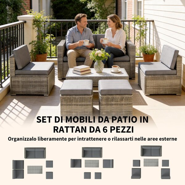 VivaGarden Salotto da Giardino con Divano 2 Posti 2 Sedie 2 Pouf e Tavolino in Rattan PE/Acciaio colore Grigio Scuro