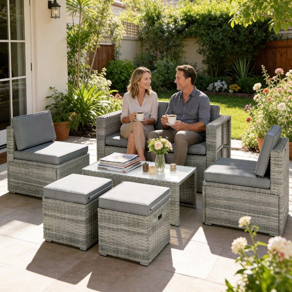 VivaGarden Salotto da Giardino con Divano 2 Posti 2 Sedie 2 Pouf e Tavolino in Rattan PE/Acciaio colore Grigio Scuro