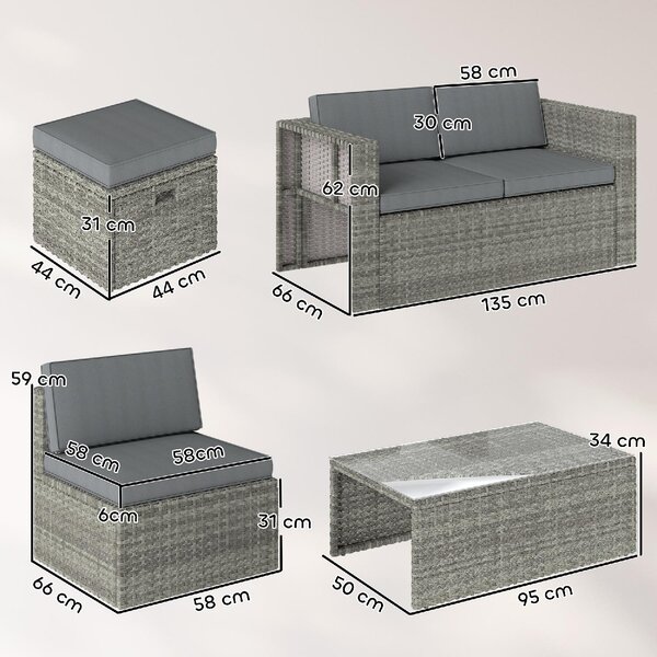 VivaGarden Salotto da Giardino con Divano 2 Posti 2 Sedie 2 Pouf e Tavolino in Rattan PE/Acciaio colore Grigio Scuro