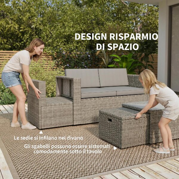 VivaGarden Salotto da Giardino con Divano 2 Posti 2 Sedie 2 Pouf e Tavolino in Rattan PE/Acciaio colore Grigio Scuro