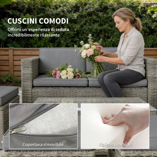 VivaGarden Salotto da Giardino con Divano 2 Posti 2 Sedie 2 Pouf e Tavolino in Rattan PE/Acciaio colore Grigio Scuro