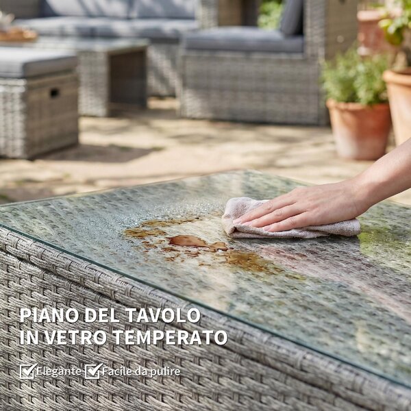 VivaGarden Salotto da Giardino con Divano 2 Posti 2 Sedie 2 Pouf e Tavolino in Rattan PE/Acciaio colore Grigio Scuro