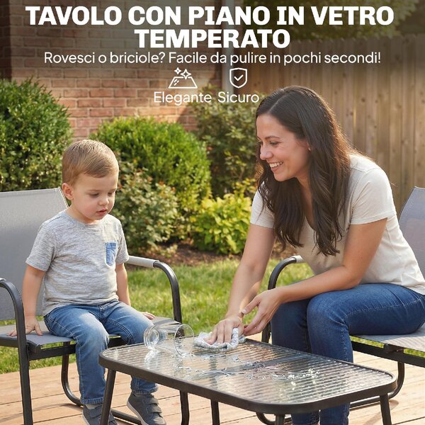 VivaGarden Salotto da Giardino con Divano 2 Posti 2 Sedie e Tavolino in Metallo/Texteline colore Grigio