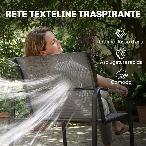 VivaGarden Salotto da Giardino con Divano 2 Posti 2 Sedie e Tavolino in Metallo/Texteline colore Grigio