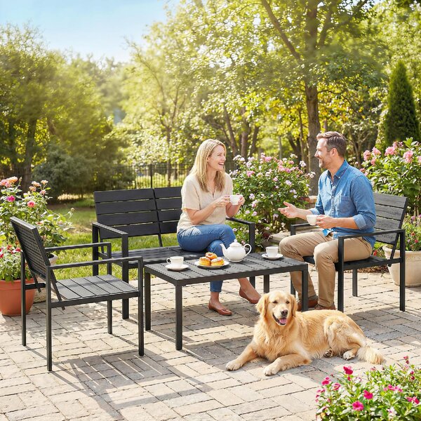 VivaGarden Salotto da Giardino con Divano 2 Posti 2 Sedie e Tavolino in HDPE/Metallo colore Nero