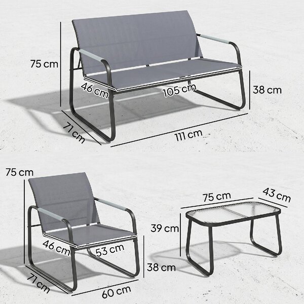 VivaGarden Salotto da Giardino con Divano 2 Posti 2 Sedie e Tavolino in Metallo/Texteline colore Grigio