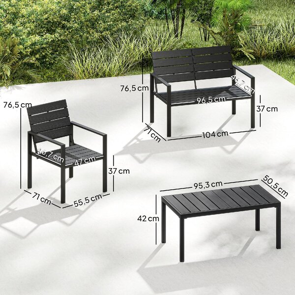VivaGarden Salotto da Giardino con Divano 2 Posti 2 Sedie e Tavolino in HDPE/Metallo colore Nero