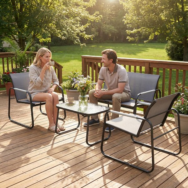 VivaGarden Salotto da Giardino con Divano 2 Posti 2 Sedie e Tavolino in Metallo/Texteline colore Grigio