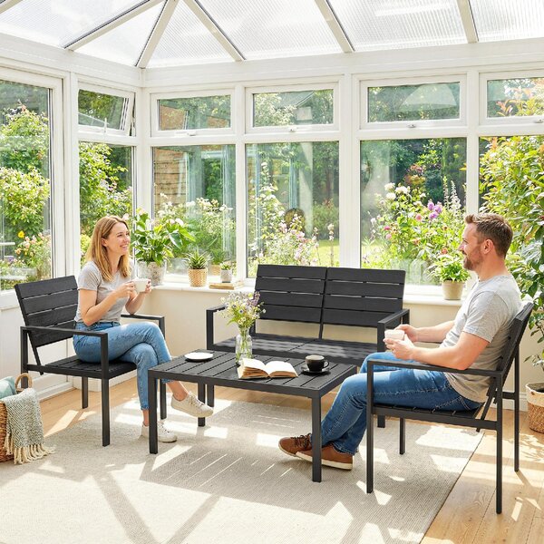 VivaGarden Salotto da Giardino con Divano 2 Posti 2 Sedie e Tavolino in HDPE/Metallo colore Nero