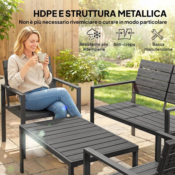 VivaGarden Salotto da Giardino con Divano 2 Posti 2 Sedie e Tavolino in HDPE/Metallo colore Nero